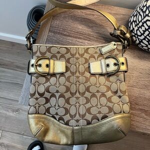 Coach Vintage Signature Hobo Shoulder Bag Canvas Leather With Metallic Gold